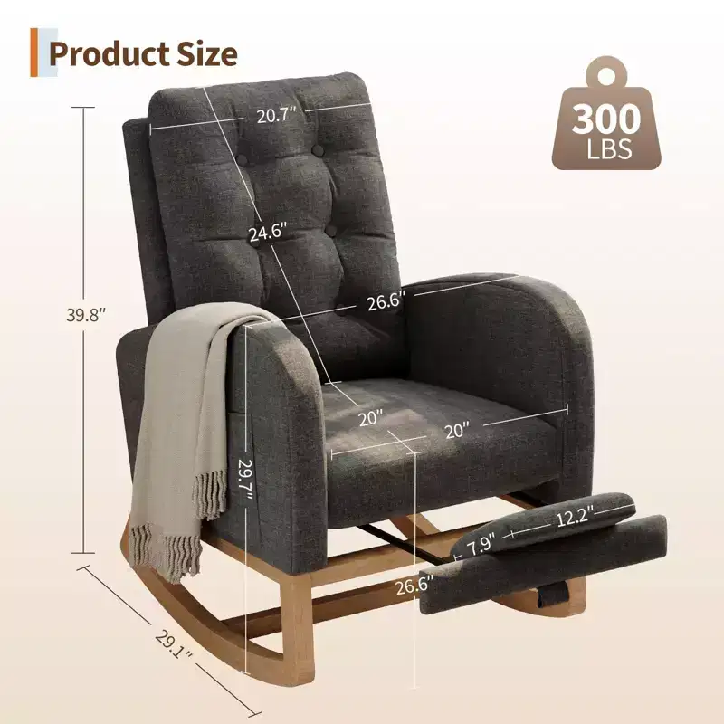 Modern Nursery Rocking Chair, Upholstered Glider Rocker with Side Pocket & Wooden Legs, Comfy Rocker Armchair for Living Room, Bedroom