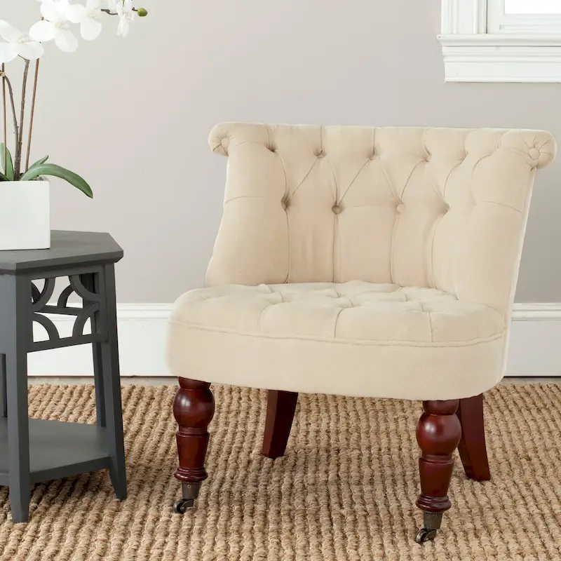 Natural Cream Tufted Accent Chair, Cotton Blend Fabric, Classic English Style, Living Room Chair