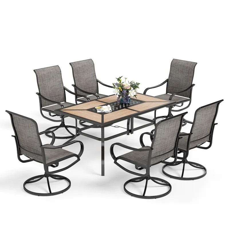 MAISONARTS 7 PCS Outdoor Patio Dining Set with High Back Textilene Swivel Chair and a Wood Grain Table with Umbrella Hole