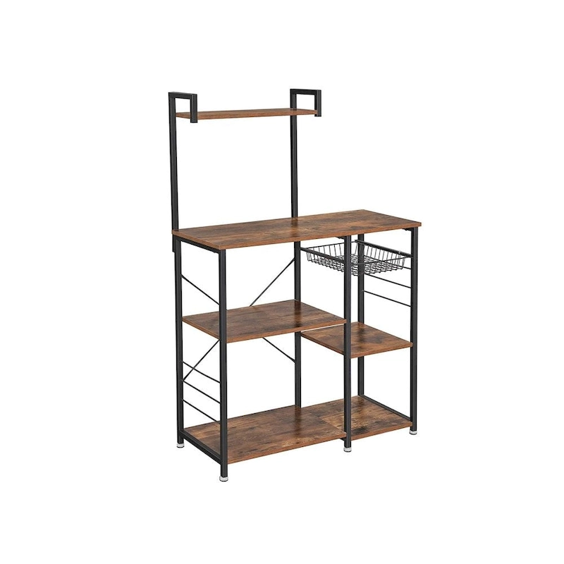 Kitchen Microwave Oven Stand Shelf with Wire Basket and 6 S-Hooks - 35.4 L x 15.7 W x 52 H