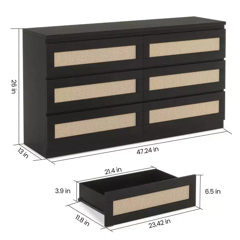 8-Drawer Rattan Dresser for Bedroom, Double Wood Chest of Drawers for Closet, Nightstand, TV Stand, Living Room, Entryway, or Hallway