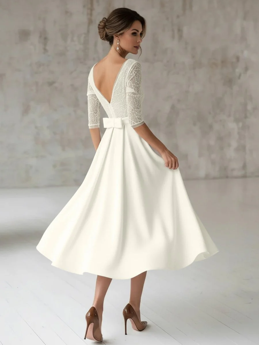 Satin V-neck A Line Tea-length Wedding Dress with Ruching and Sash