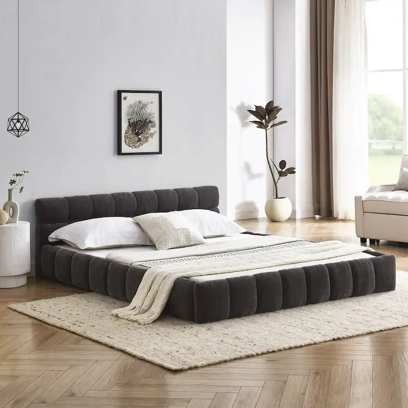 Chenille Upholstered Bed Grounded Platform Bed with Headboard