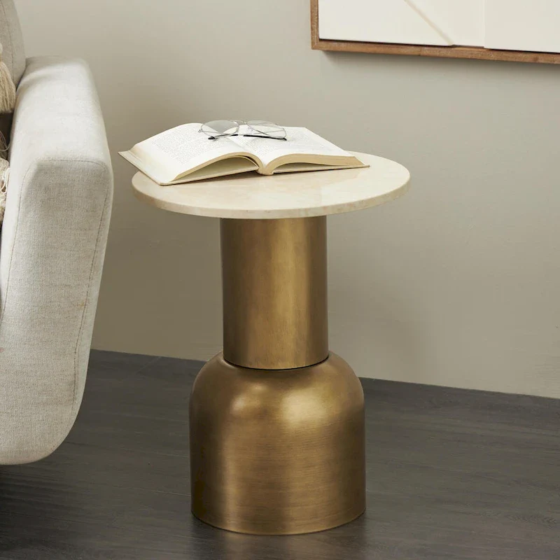 Round Pedestal Side Table with Marble Top - Gold/Cream