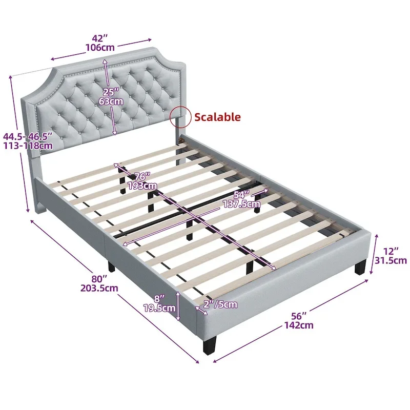 Moasis Button-Tufted Linen Upholstered Platform Bed with Adjustable Headboard