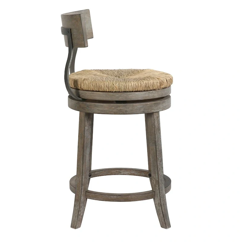 Farmhouse Swivel Wood and Steel Bar Stool with Natural Seagrass Seat