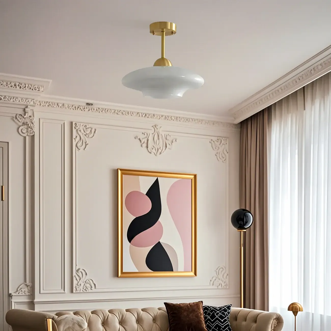 White Round Glass Shade Gold Semi Flush Ceiling Light