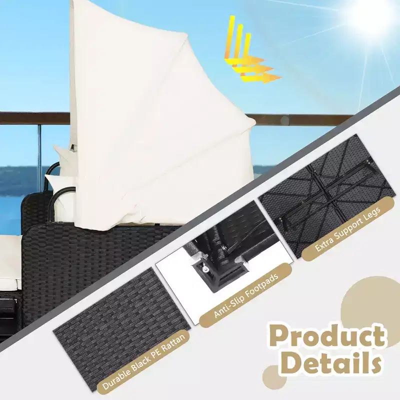 Costway Patio Rattan Daybed Lounge Retractable Top Canopy Side Tables Cushions Off White/Red/Turquoise/Beige