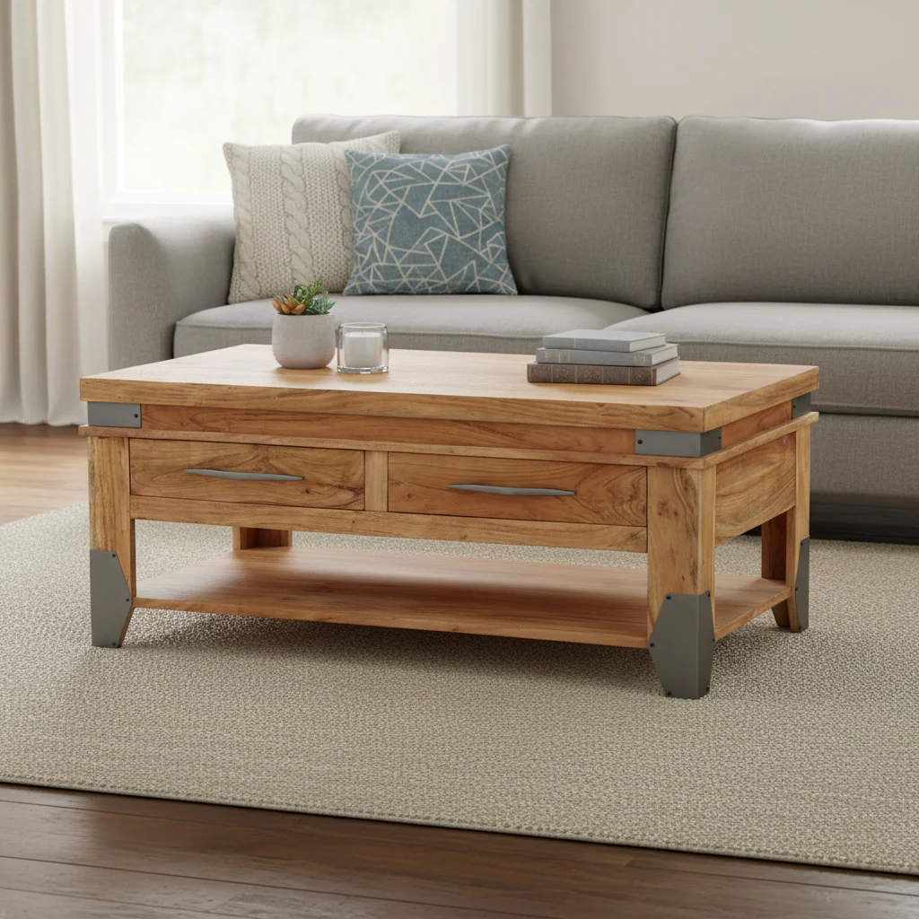 Brown Natural Solid Acacia Wood Coffee Table with 2 Drawers and Open Shelf – 43.3 in