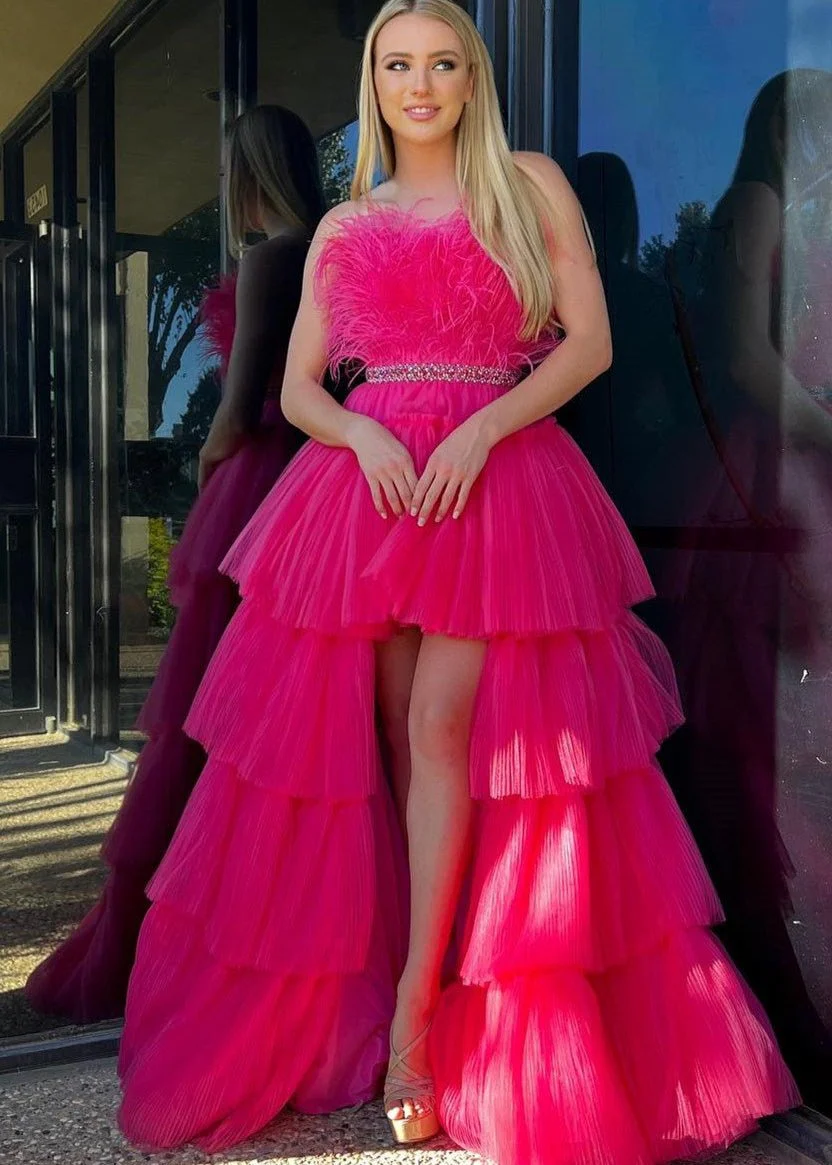 A-line High-Low Strapless Ruffled Tulle Prom Dress with Feathers