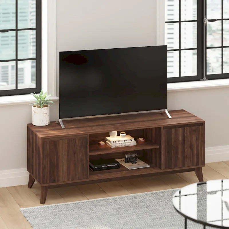 Mid-Century Modern TV Stand with Storage Cabinets and Adjustable Shelf