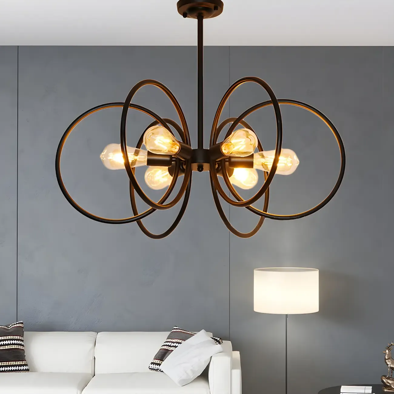 Industrial Black Metal Ring 6-Light Chandelier