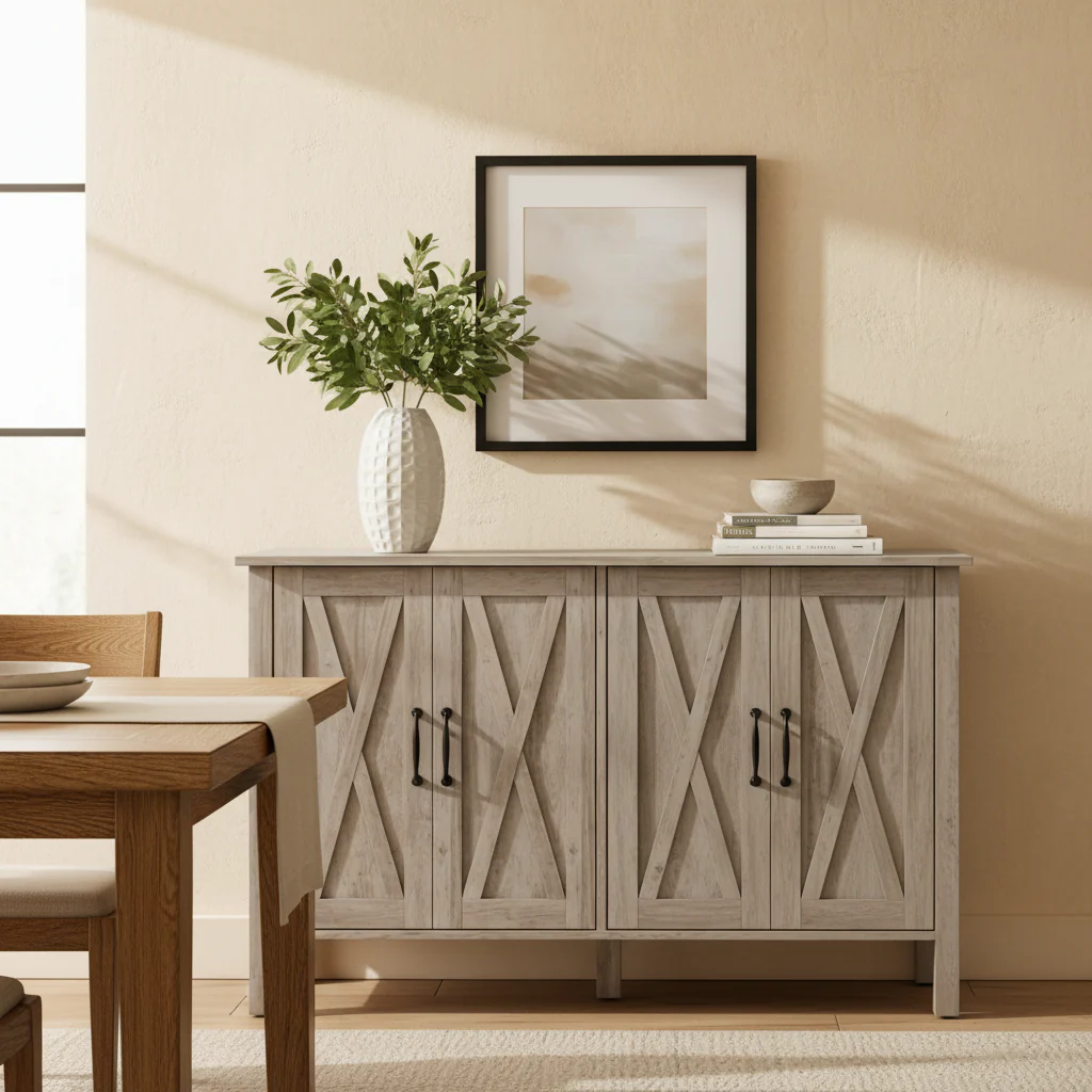 Wood Buffet Cabinet with 4 Barn Doors and 2 Adjustable Shelves