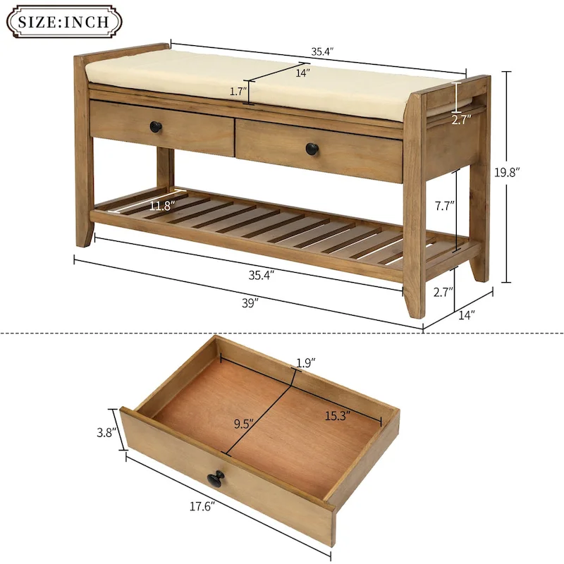 Shoe Rack with Cushioned Seat and Drawers