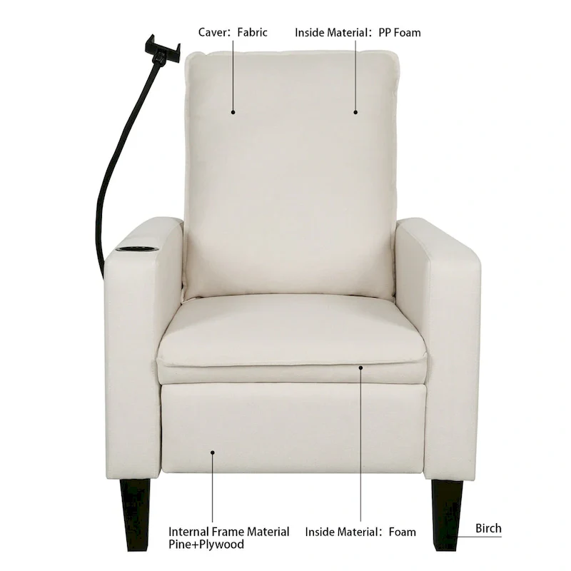 Beige Fabric Adjustable Recliner Chair with Phone Holder & Cup Holder – 1-Seat