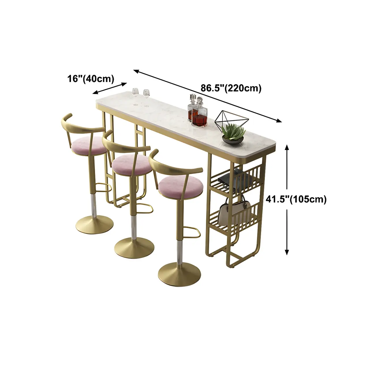 Glam Gold White Faux Marble Shelf Bar Tables