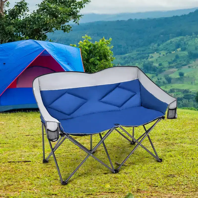 Costway Folding Camping Chair Loveseat Double Seat w/ Bags & Padded Backrest Gray\Blue