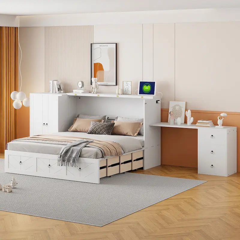 Queen Size Murphy Bed with USB Port, Large Drawer and Desk Combo for Bedroom