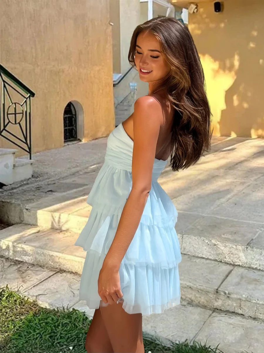 Sky Blue - A Line Strapless Chiffon Homecoming Dresses with Ruffles