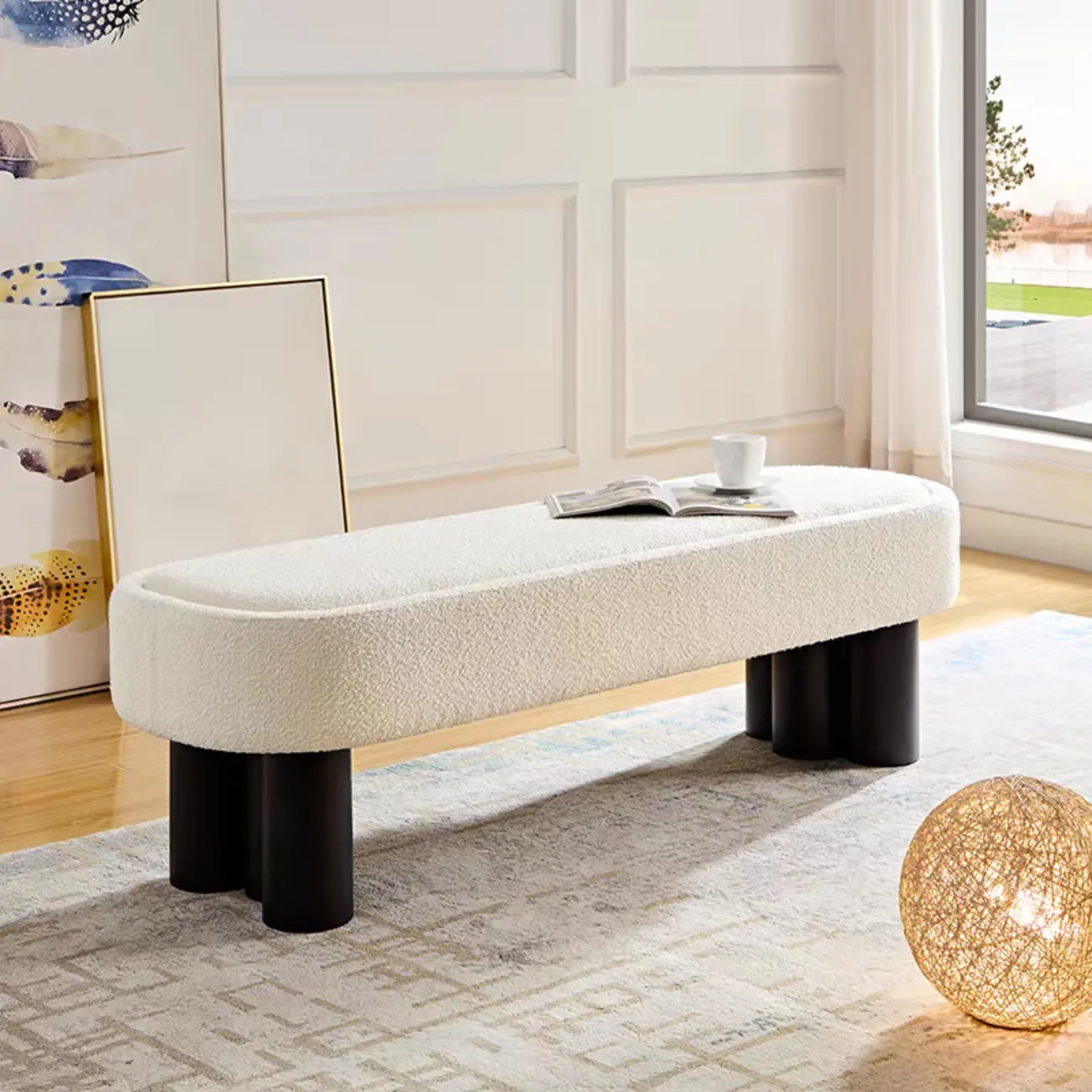 Simple White Upholstered Oval Bedroom Bench