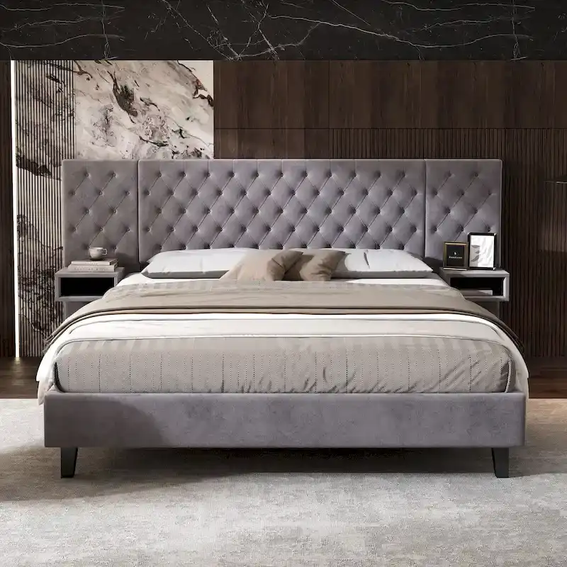 Low-Profile Platform Bed, Modern Velvet Upholstered Bed, Diamond Tufted Headboard Wingback Bed with 2 Nightstands Storage Bed