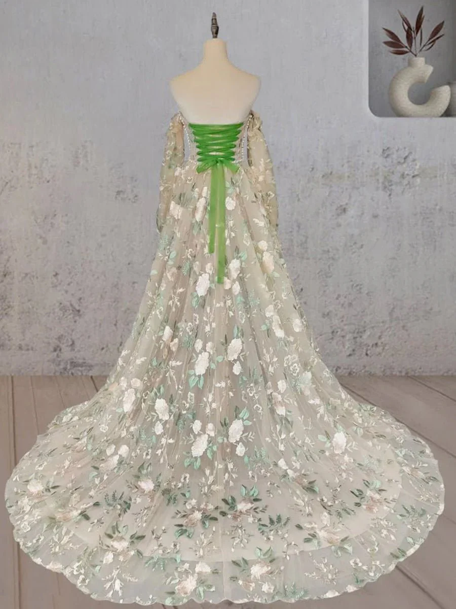 A-Line Light Green Sweetheart Pearl Wedding Dress