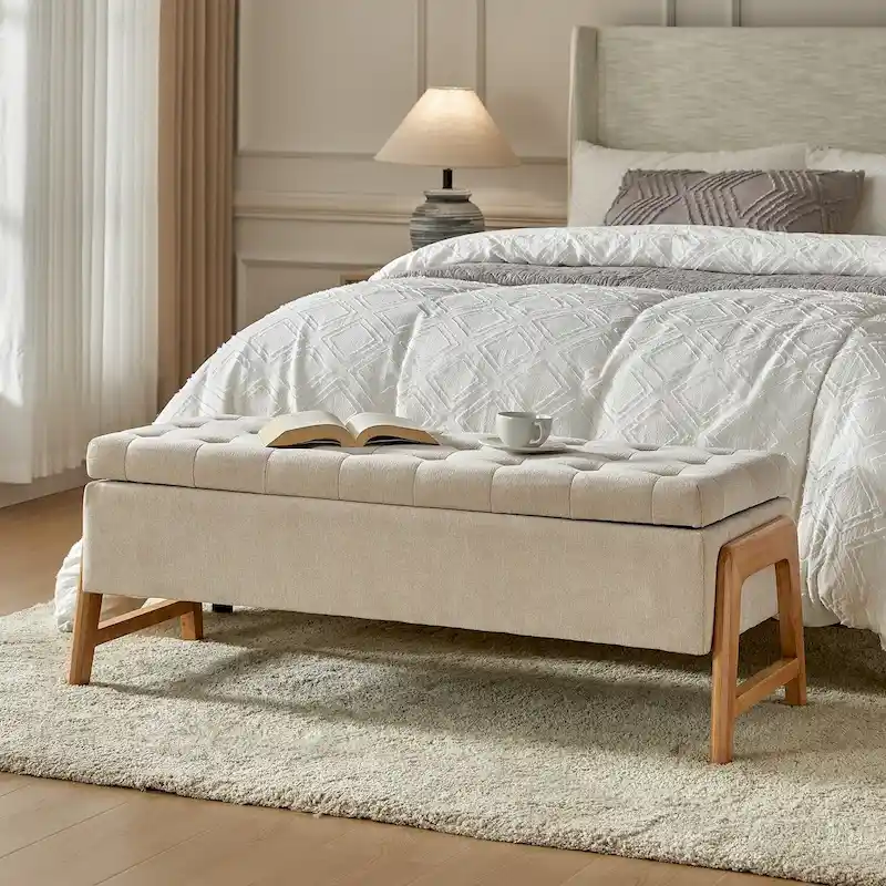 Mid-Century Upholstered Storage Bench, Tufted Seat & Wood Legs – Tan / Brown / Turquoise / Ivory / Black / Chocolate / Grey / Taupe