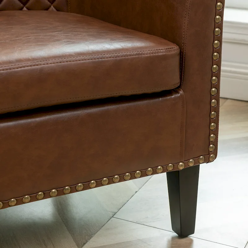 KINWELL PU Leather Tufted Barrel Chair Club Armchair with Nailheads