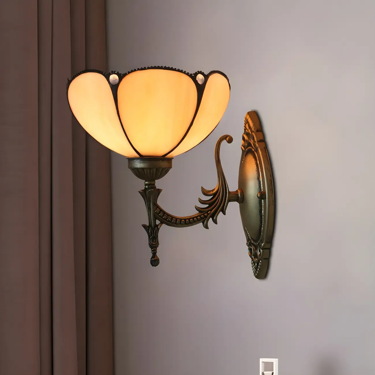 10 to 14 Inch Vintage Brass Wall Sconce with Floral Glass Shade