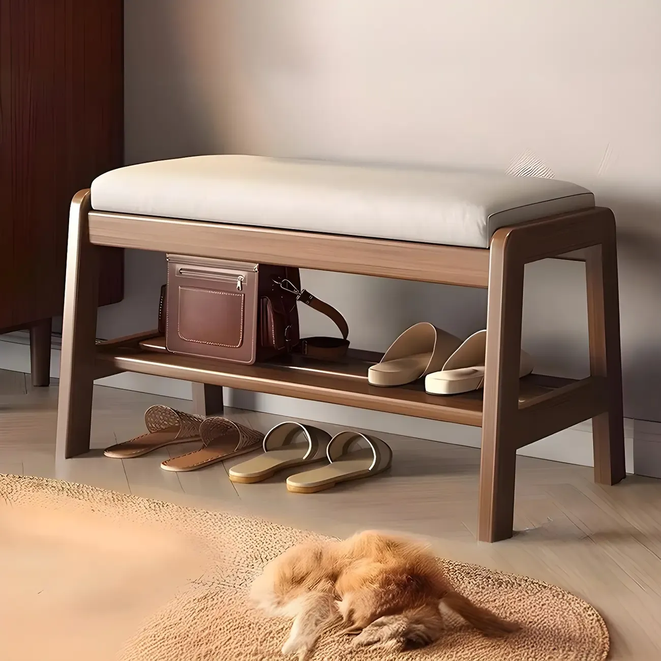 Entryway Solid Wood Cushioned Trapezoid Shoe Bench