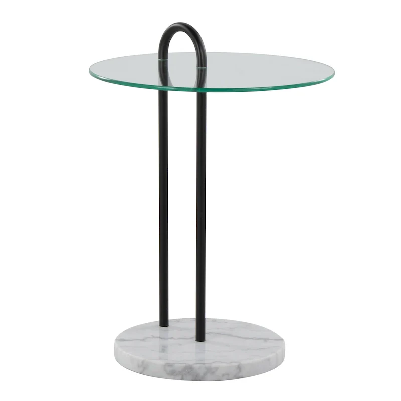 Clear Glass & White Marble Contemporary Side Table with Black Metal Frame - Single Use