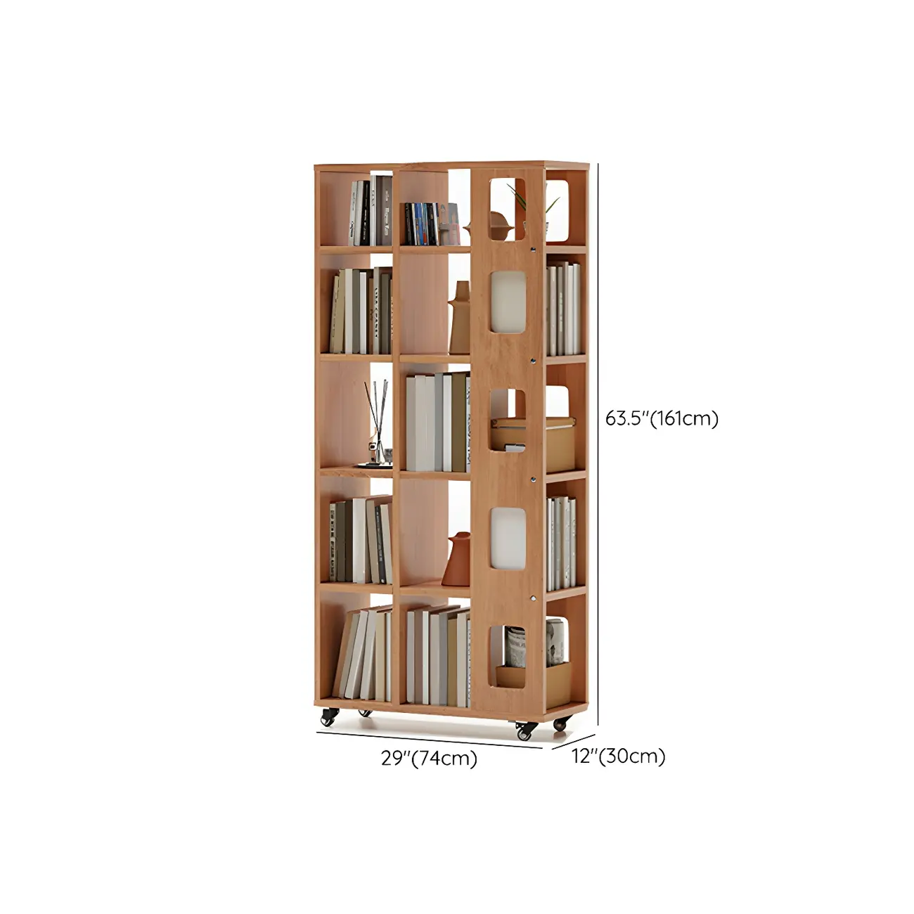 Mid-Century Nut-Brown Wood 5-Tier Bookcase on Wheels