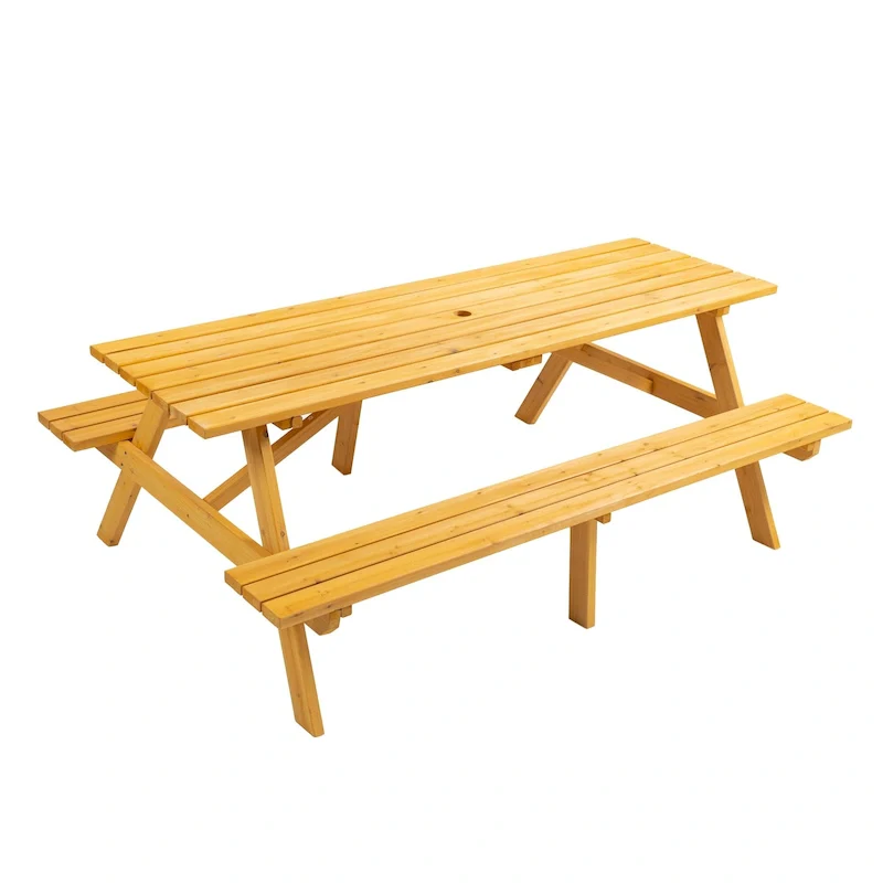 8 Person Wooden Picnic Table with 2 Benches and Umbrella Hole