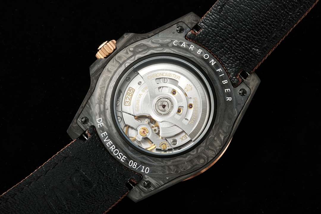 Exhibition case back showing the 3288/3285 clone movement inside the replica watch