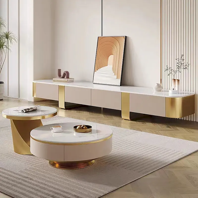 White Glossy Sintered Stone Top TV Stand with Gold Legs & 4 Drawers, 78.7 Inch