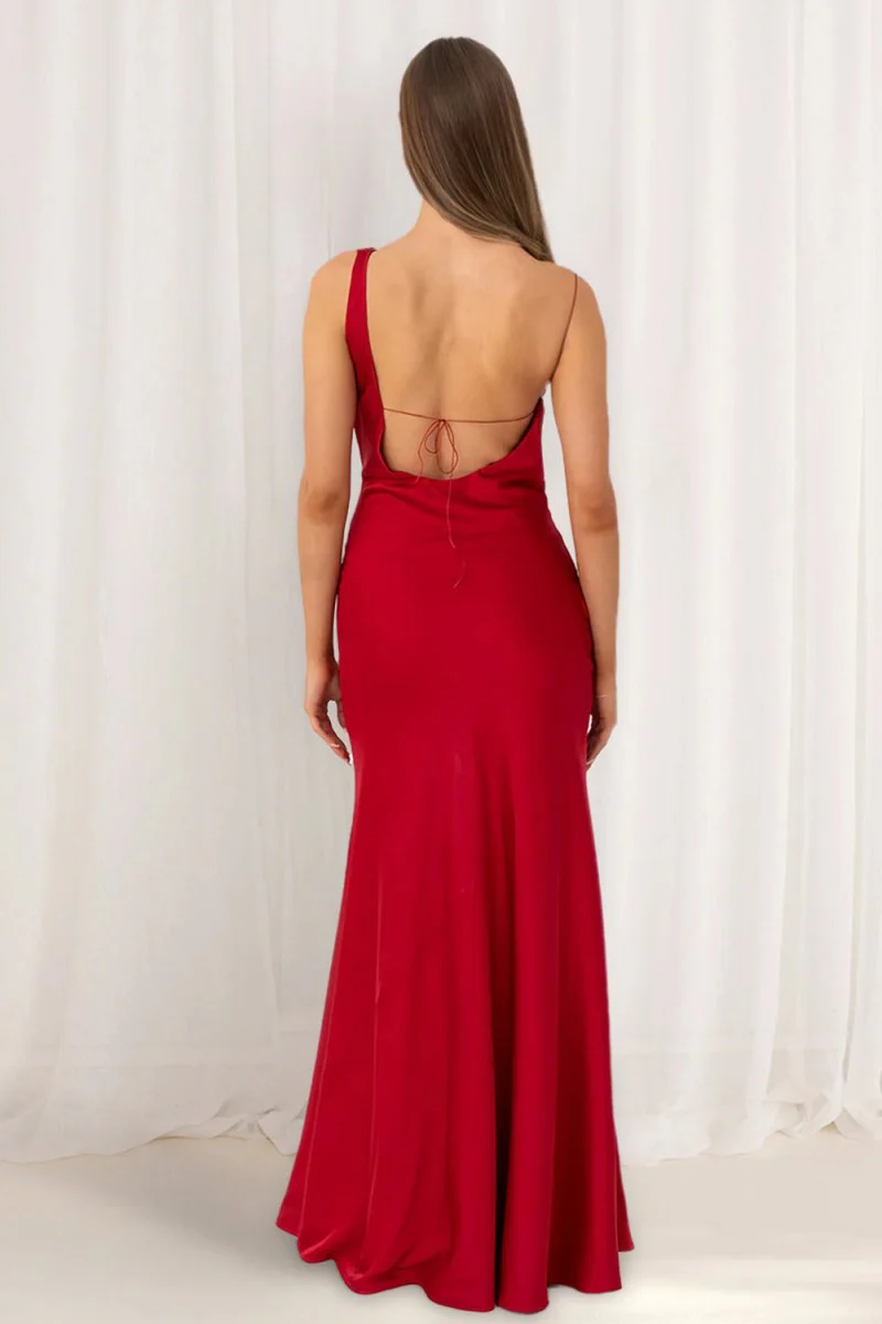 Red Cowl Neck Sleeveless Sheath Satin Backless Long Prom Dresses