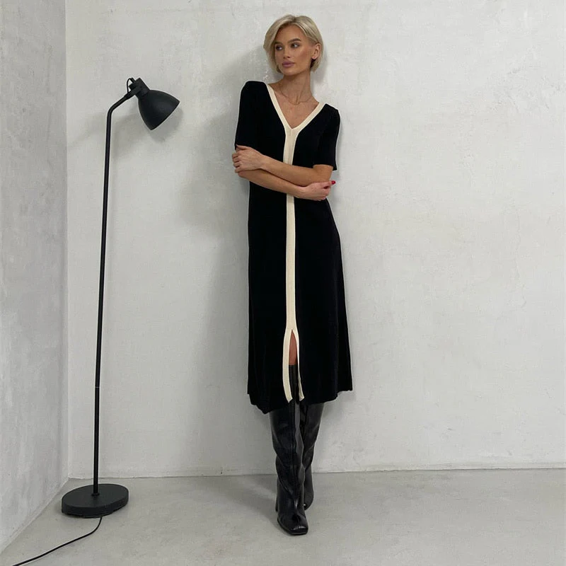 flowersverse Black White Casual Elegant Vintage Short Sleeve Long Dress Korean Fashion Style Knitted Slim Maxi Dresses For Women Summer