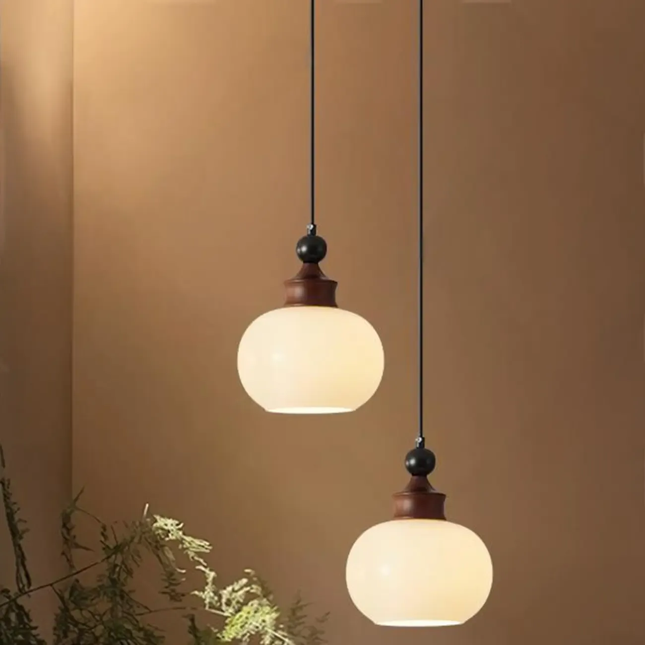 Dimmable Beige Wood Glass Globe Pendant Light