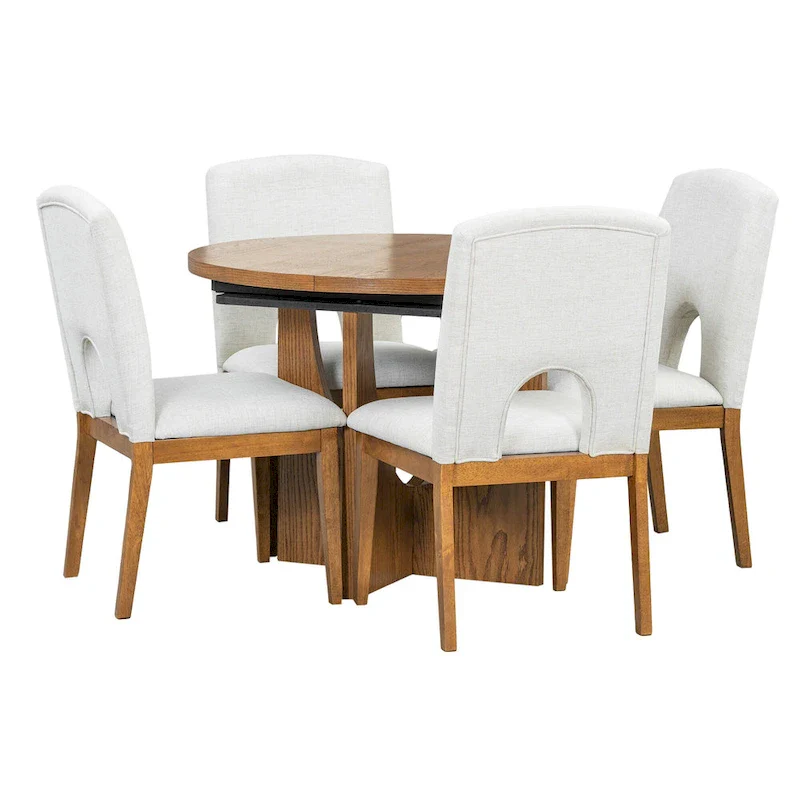 Modern Style 5-Piece Extendable Round Dining Table Set with Removable Leaf and Upholstered Dining Chairs