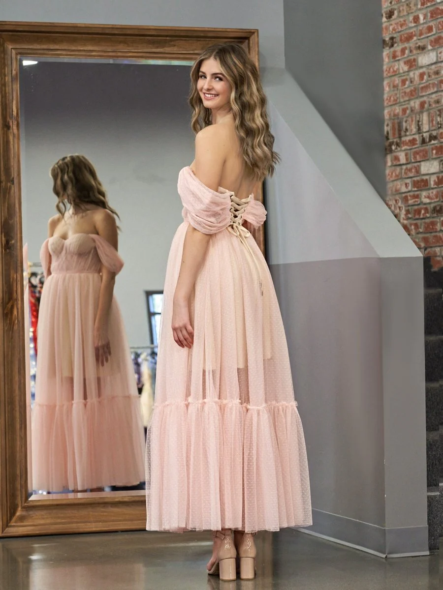 A-Line Rose Pink Tulle Sweetheart Tea-Length Prom Dress