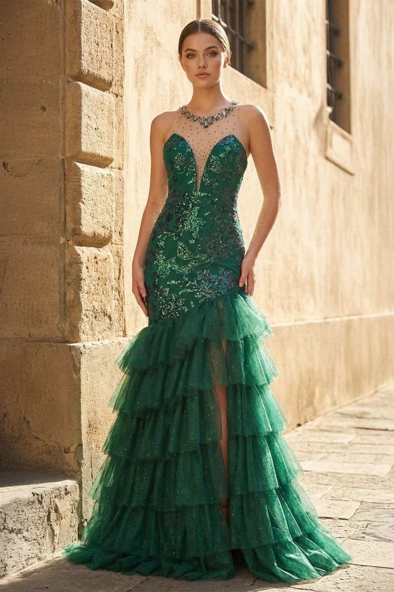 Emerald Scoop Neck Mermaid Tulle Ruffled Long Prom Dresses With Sequins