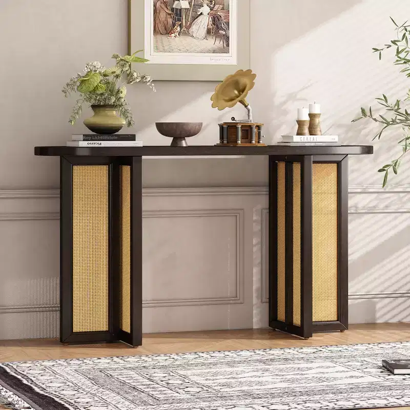 Rattan Console Table with Storage, Wood Narrow Entryway Table for Living Room and Hallway
