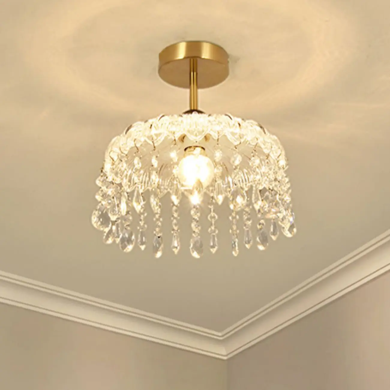 Mini 1 Light Gold Crystal Chandelier Semi Flush Ceiling Light