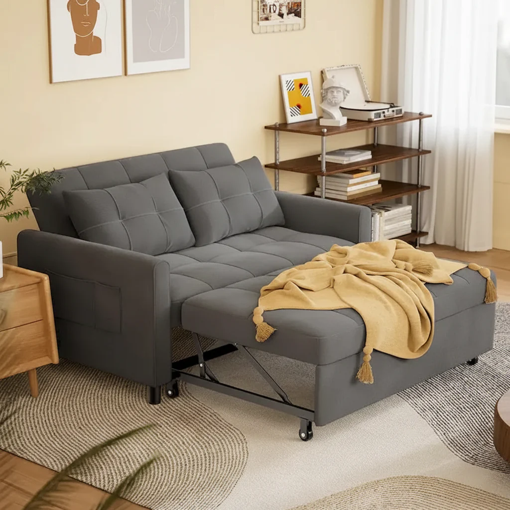 3 in 1 Convertible Sleeper Loveseat Couch, Futon Sofa Bed with Pull-Out Bed & Adjustable Backrest