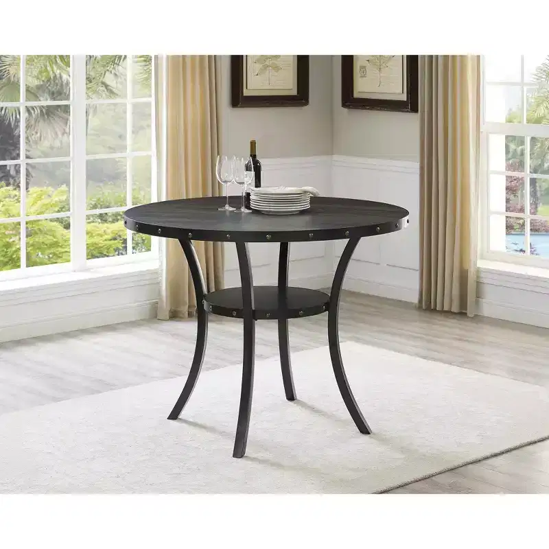 Roundhill Furniture Biony Espresso Wood Counter Height Dining Set with Tan Fabric Nailhead Stools