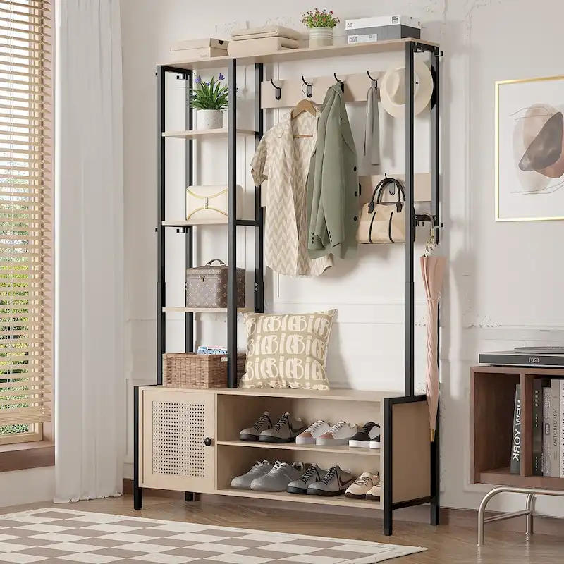 Hall Tree for Entryway, Coat Rack with Bench Shoe Storage, 5-in-1 Entryway Bench Coat Rack with 9 Hooks