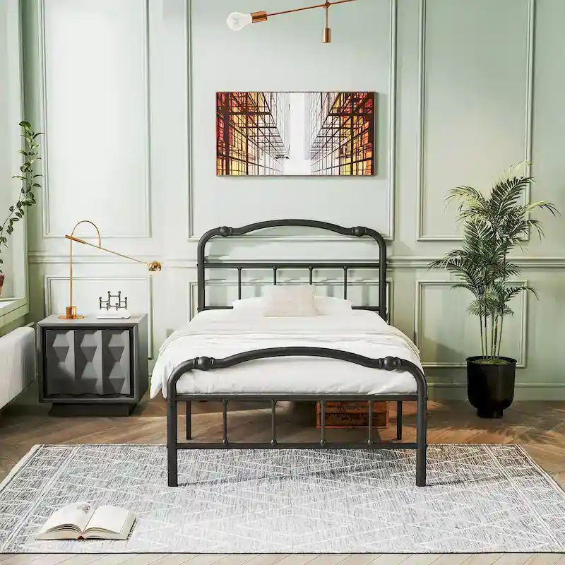 Heavy Duty Anti-Sway 18 Inch High Steel Tube Iron Bed, Double Wave Headboard And Footboard