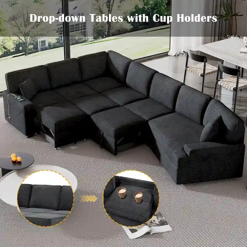 Black 126 L-Shaped 6-Seater Sofa with Pull-Out Bed and Cup Holders