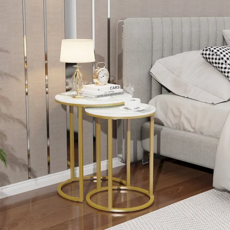 Gold + White Marble-Top Nesting Side Table Set, 2-Piece