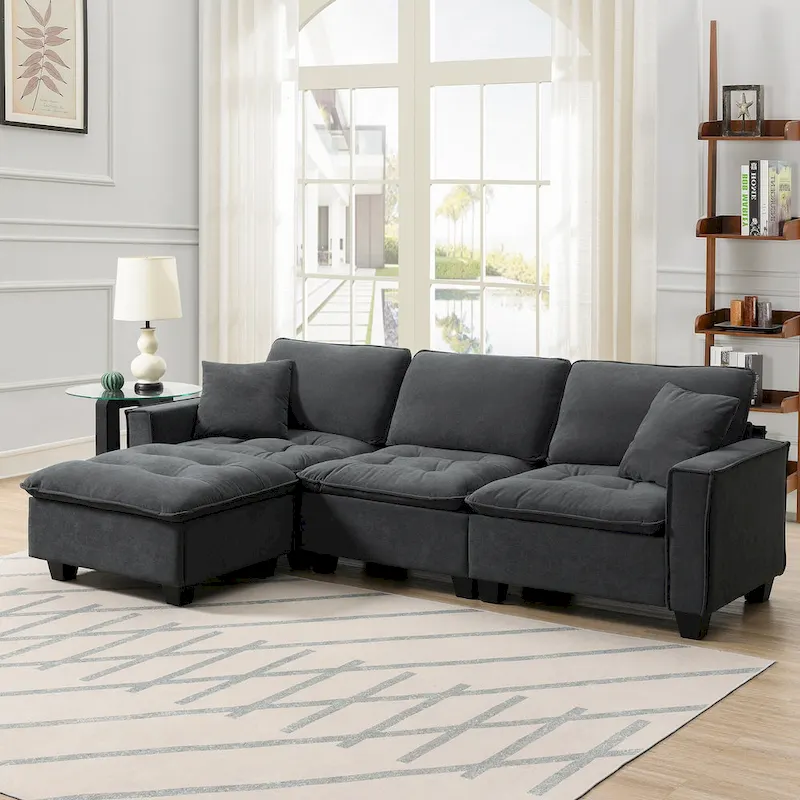 Grey L-Shaped Convertible 4-Seater Sectional Sofa with Removable Ottoman and Throw Pillows